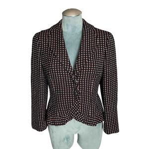 Womens Rena Lange Shawl Collar Lined Ruffle Blazer Jacket Black Patterned Size 8